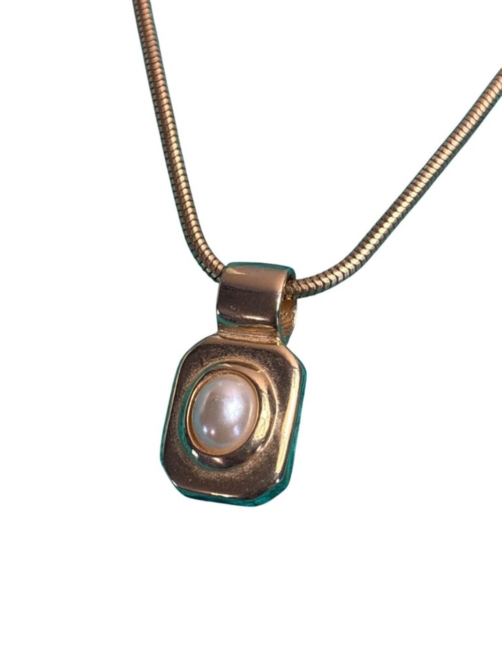 Vtg Goldtone Rectangle Pendant Faux Pearl Cabochon Serpentine Chain Necklace